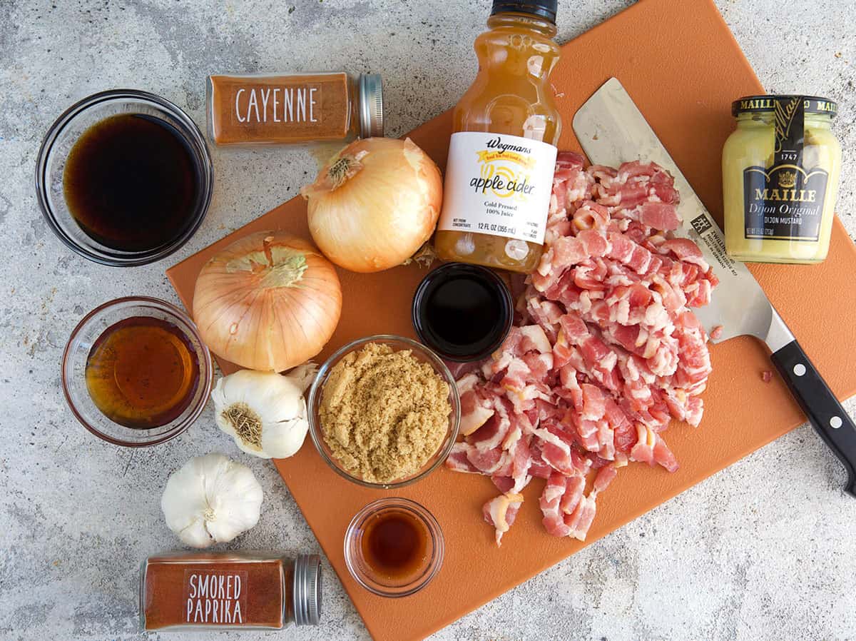Ingredients for Bacon Bourdon Jam on a cutting board.