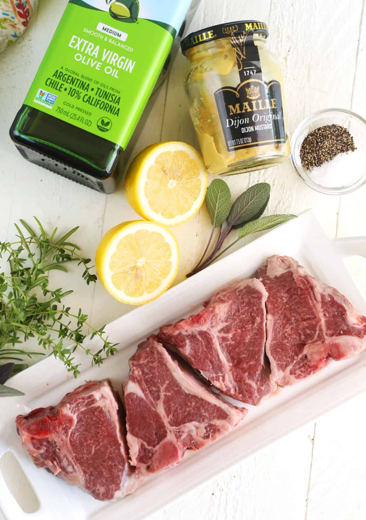 Overhead view of ingredients for grilled lamb loin chops