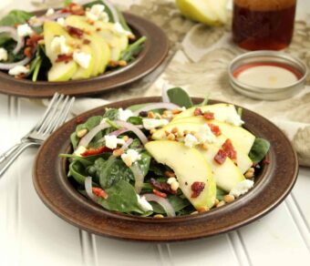 Pear, Goat Cheese and Spinach Salad with Warm Bacon Maple Dressing