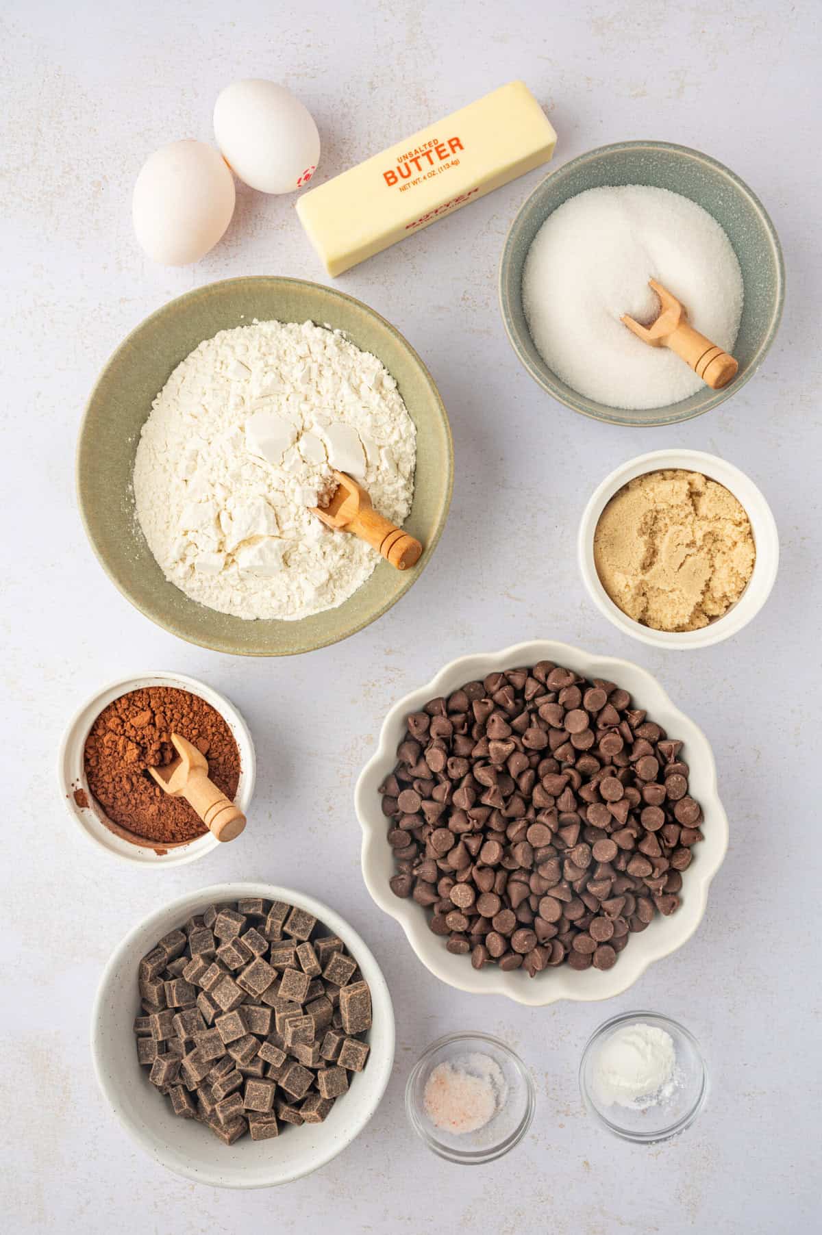 Overhead view of ingredients for double chocolate chip cookies