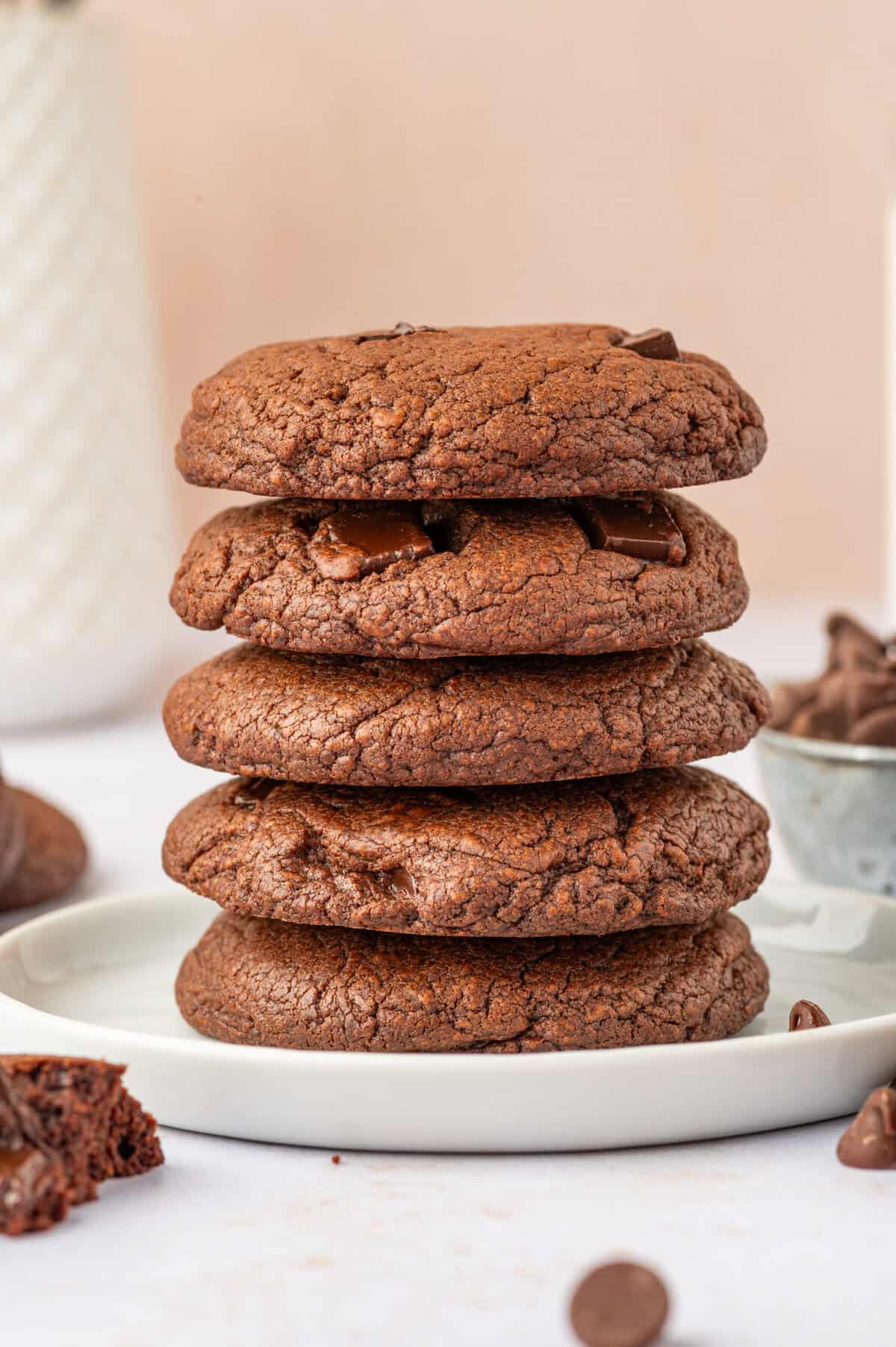 Stack of 5 soft, thick double chocolate chip cookies