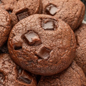 Closeup of chewy double chocolate chip cookies