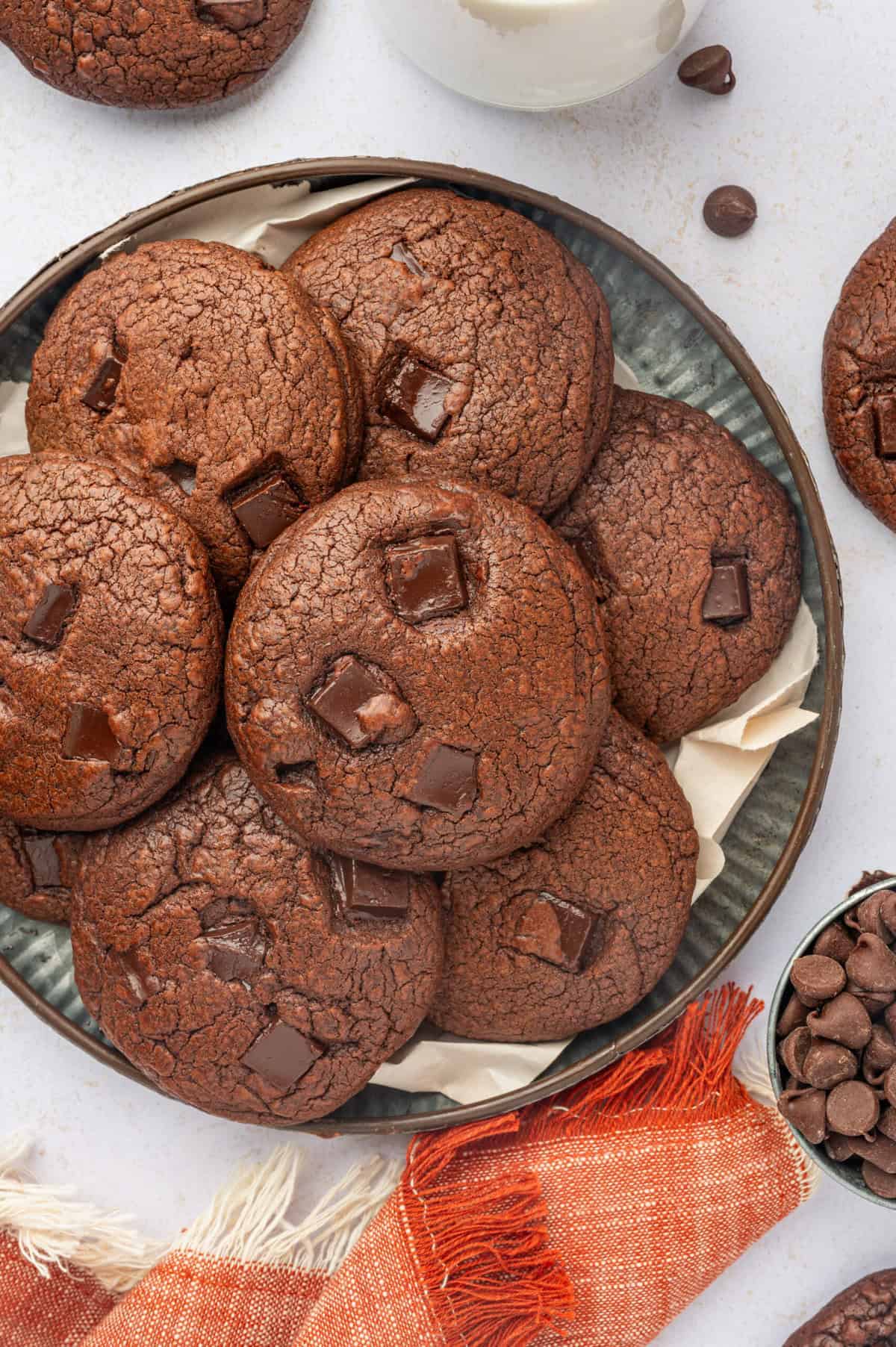 Plate of double chocolate chip cookies