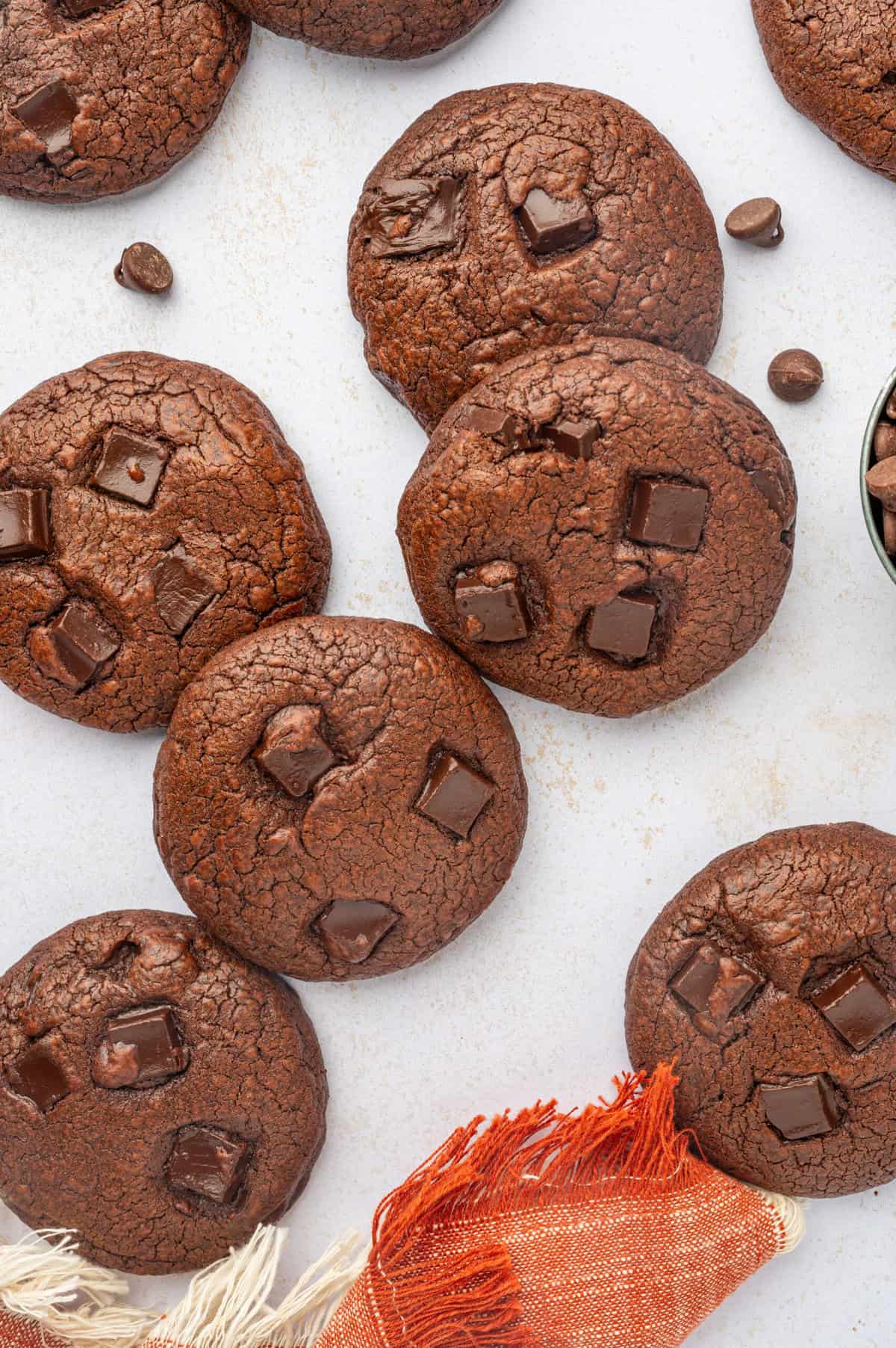 Overhead view of double chocolate chip cookies on countertop