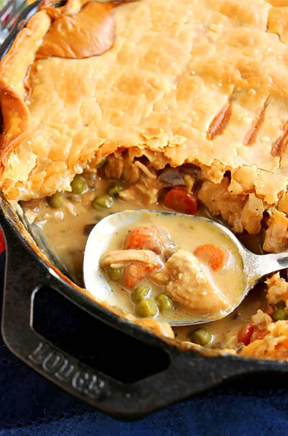 close up of chicken pot pie with a spoon scooping it out