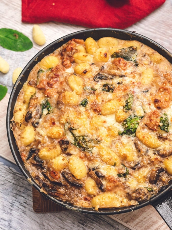 Overhead shot of Baked Gnocchi in a skillet.