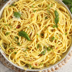 Overhead view of pasta carbonara in skillet