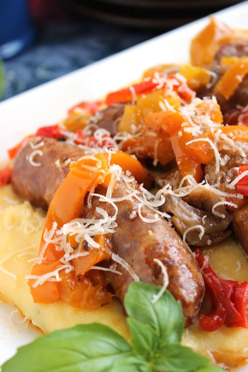 Slow Cooker Sausage and Peppers with Parmesan Basil Polenta The