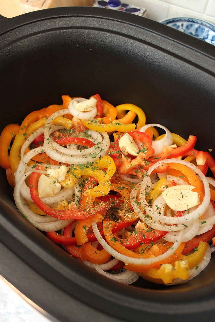 Slow Cooker Sausage and Peppers with Parmesan Basil Polenta The Suburban Soapbox