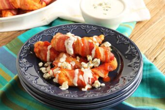 Bacon Wrapped Buffalo Chicken Tenders with Blue Cheese Dipping Sauce