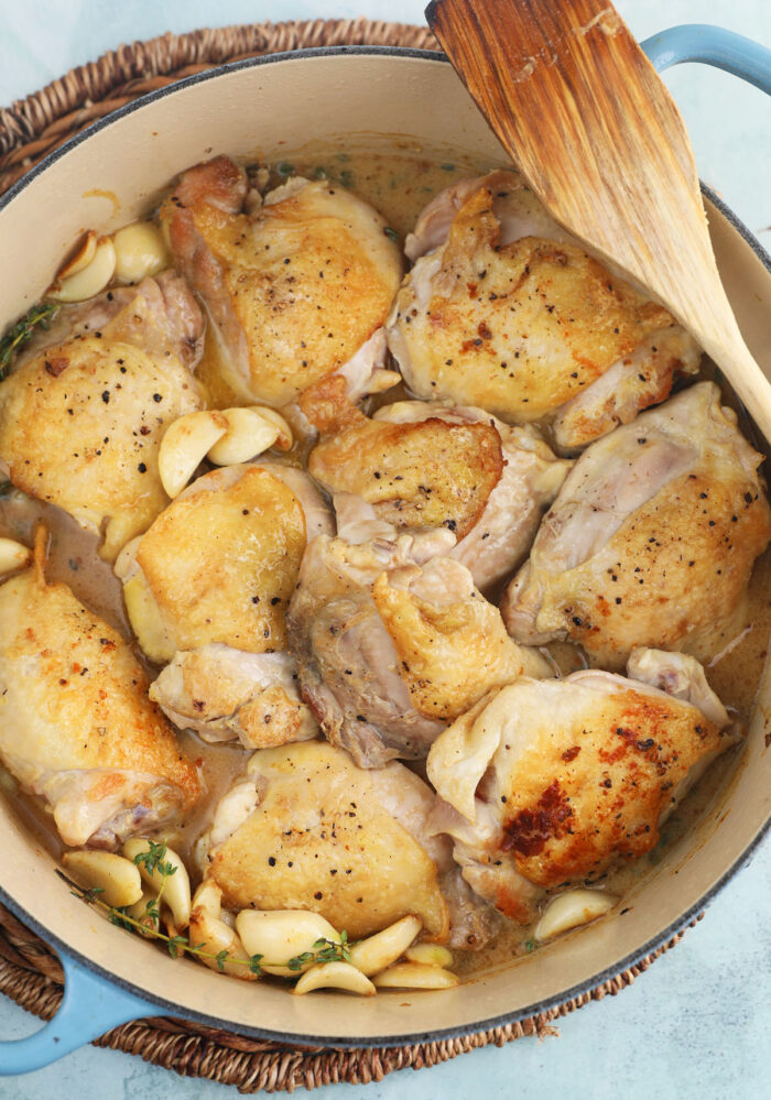 braised chicken thighs ready to simmer.