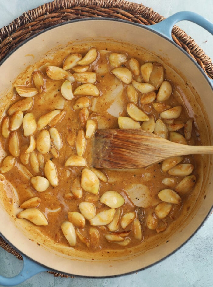 garlic being sautéed until golden brown