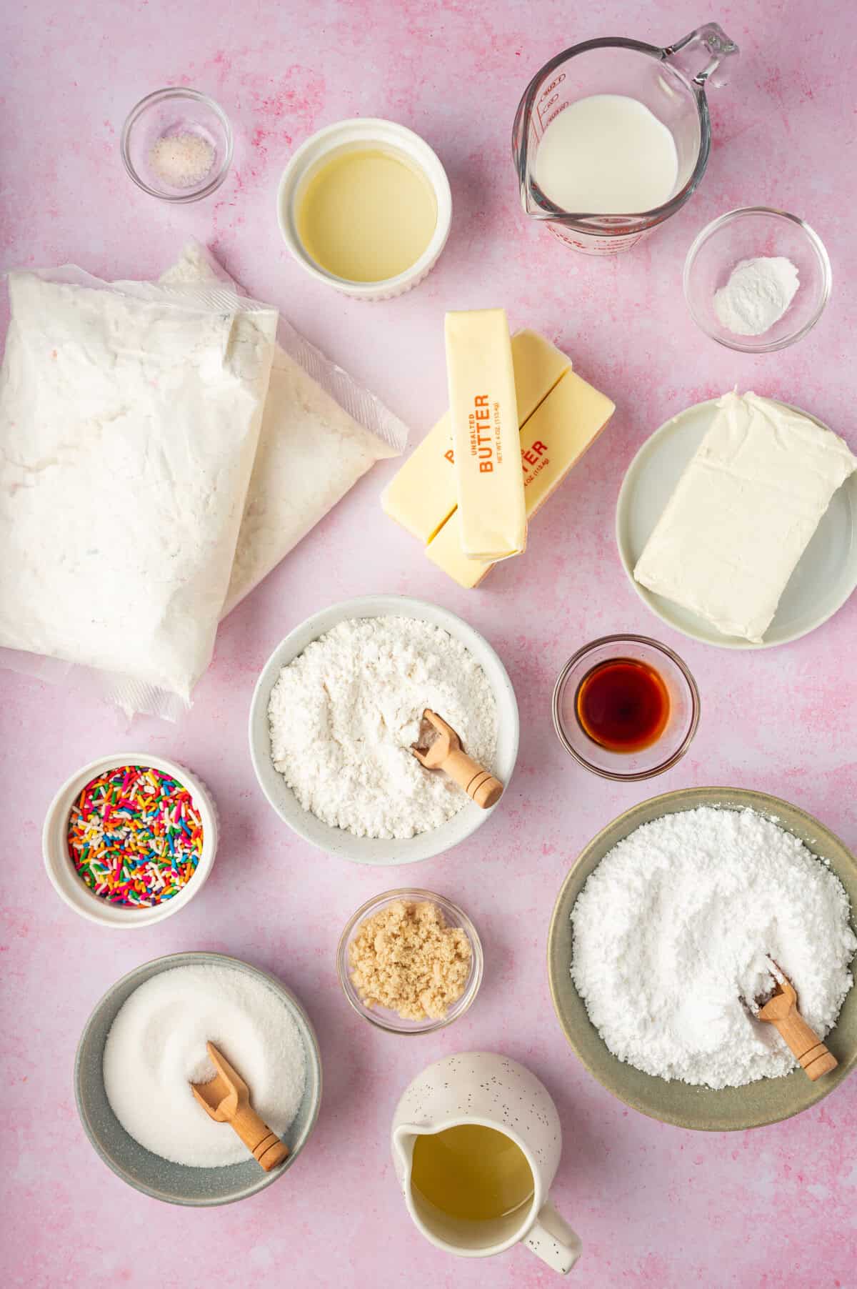 Overhead view of ingredients for Milk Bar birthday cake