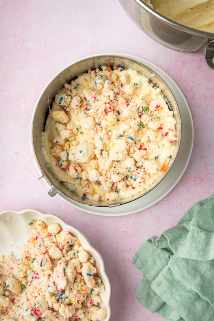 Cake crumbles topping layer of Milk Bar birthday cake