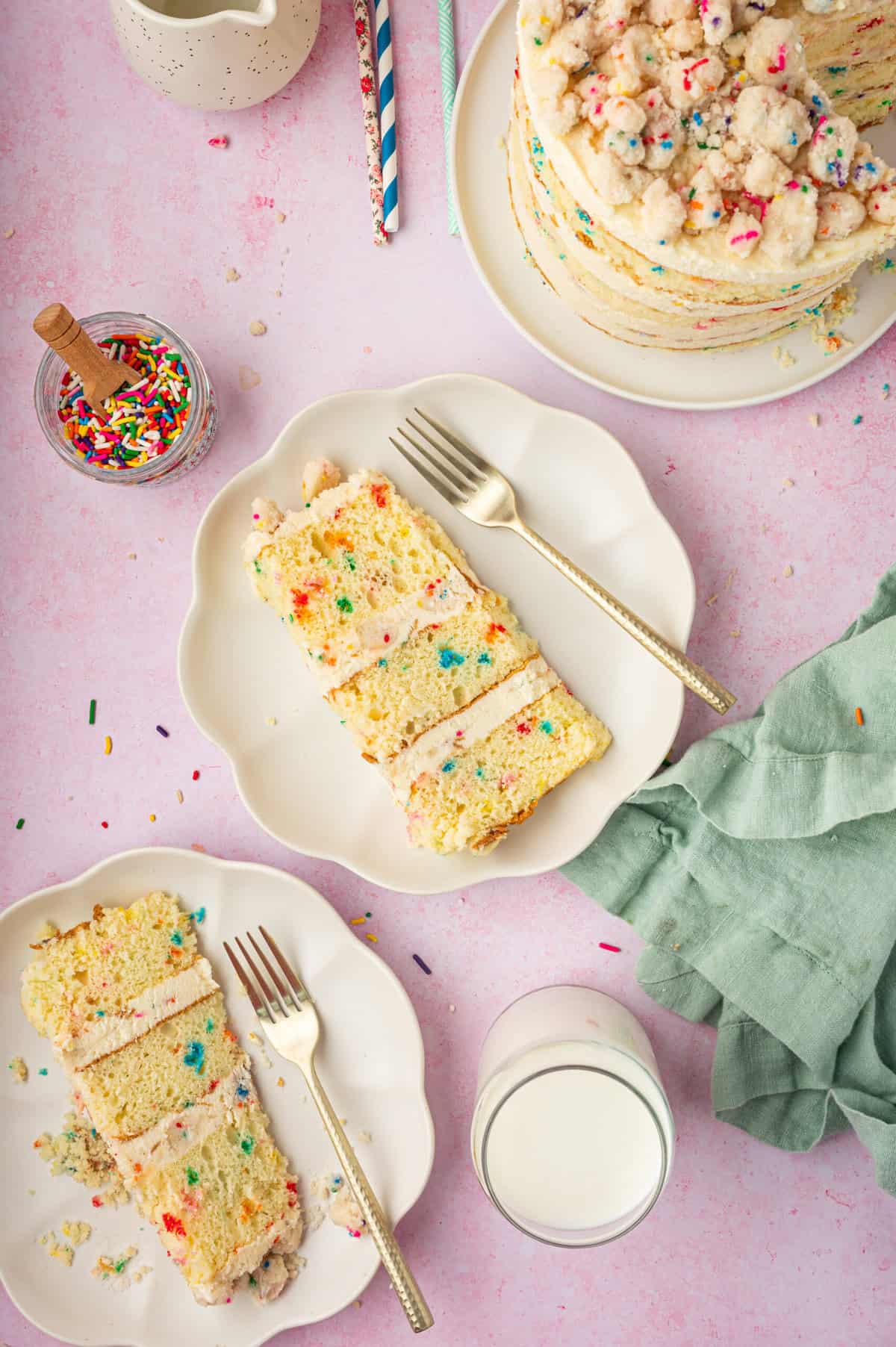 Overhead view of Milk Bar birthday cake on plates