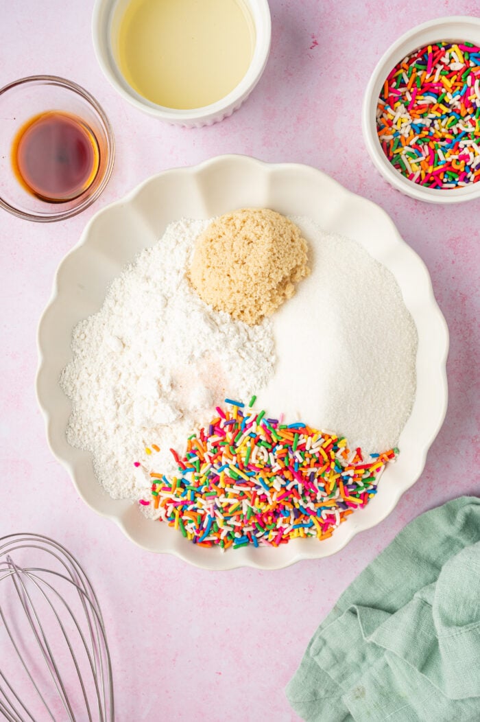 Ingredients for birthday cake crumbles in bowl