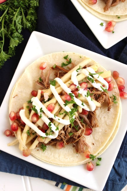 Slow Cooker Maple Balsamic Pork Tacos with Celery Root and Apple Slaw | The Suburban Soapbox #slowcooker #crockpot
