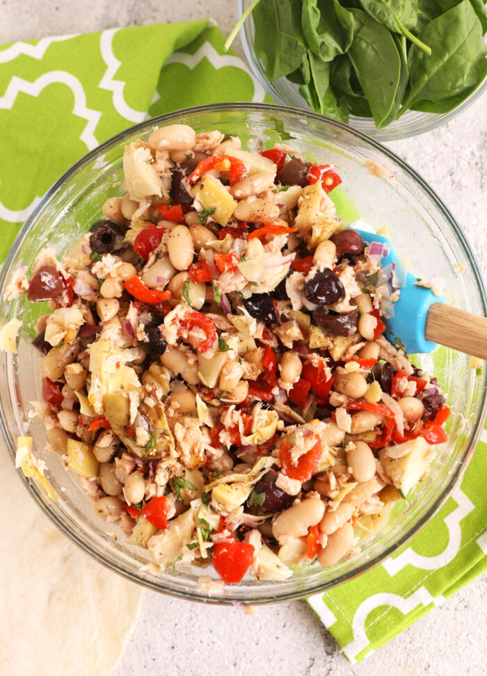 Overhead view of Mediterranean tuna salad in bowl