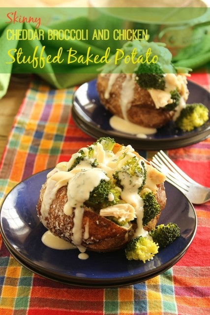 Skinny Cheddar Broccoli and Chicken Stuffed Baked Potatoes | The Suburban Soapbox #bakedpotato #quickdinnerrecipe