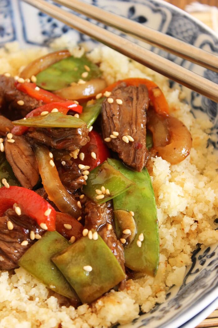 Stir-Fried Beef Peppers and Snow Peas with Cauliflower Rice | The Suburban Soapbox #cauliflowerrice #lowcarb #stirfry