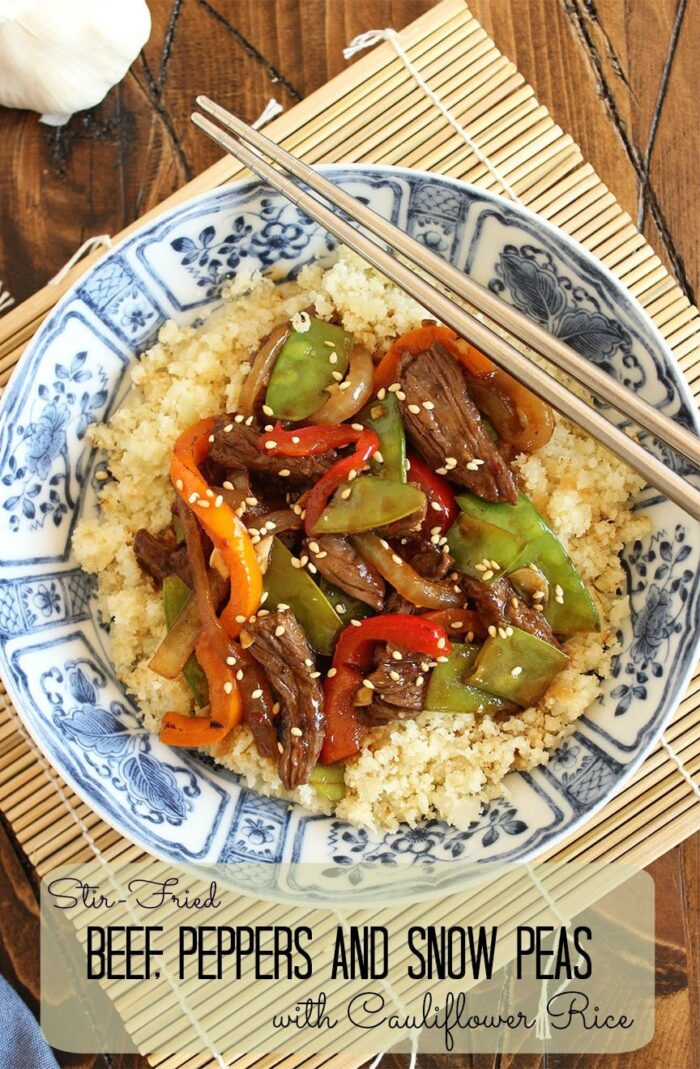 Stir-Fried Beef Peppers and Snow Peas with Cauliflower Rice | The Suburban Soapbox #cauliflowerrice #lowcarb #stirfry
