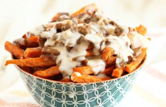 Duck Confit Sweet Potato Fries with Smoked Gouda Cheese Sauce