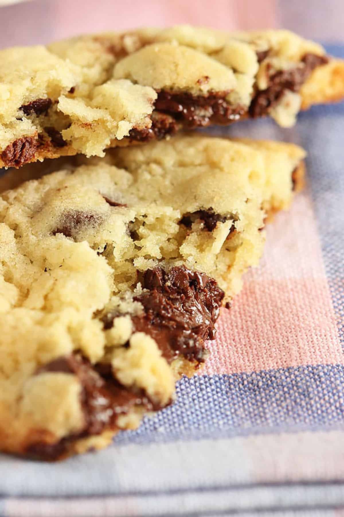 blue ribbon winning chocolate chip cookie broken in half with a melty chocolate chip shown close up.