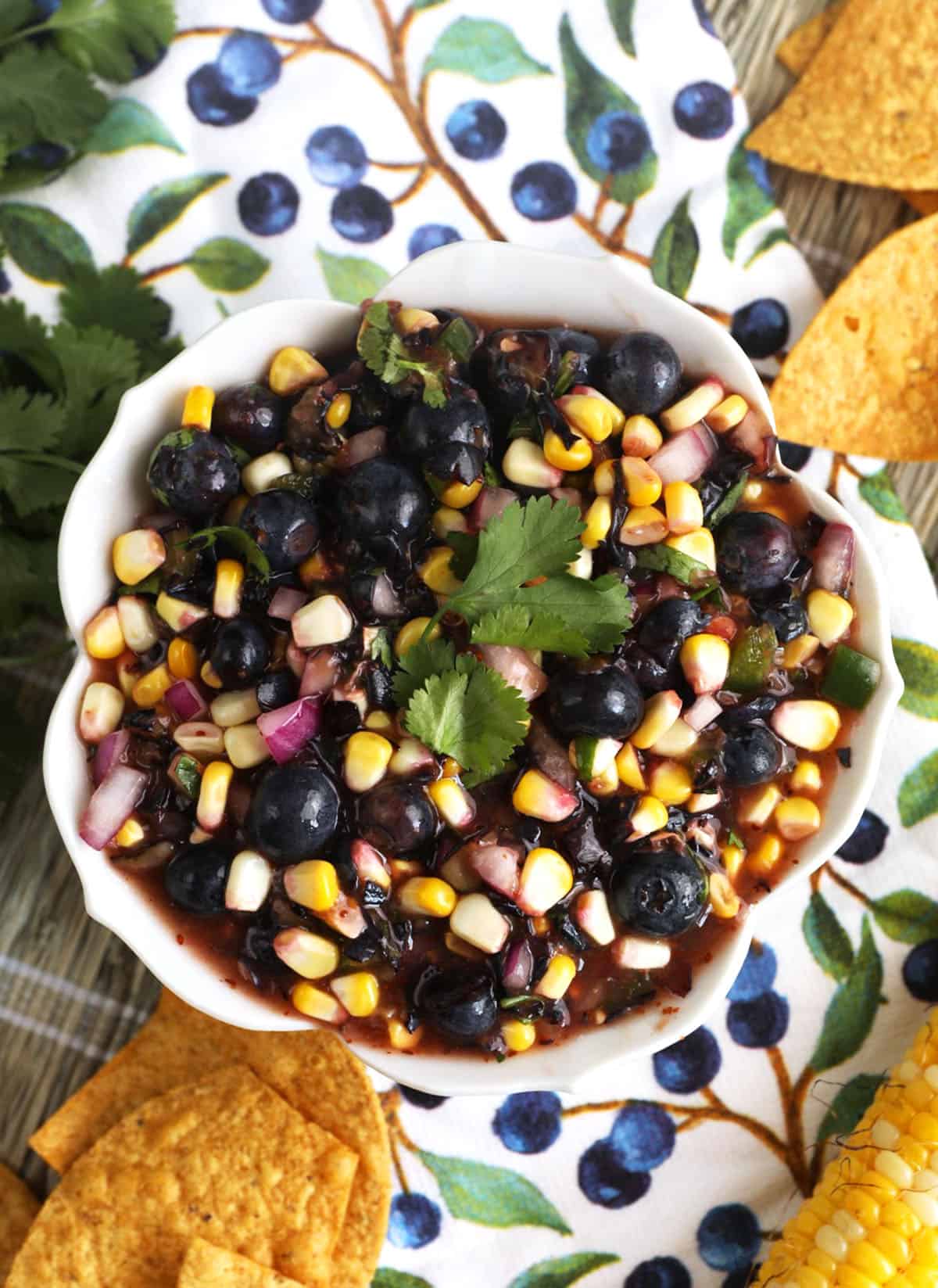 Overhead view of blueberry corn salsa in serving bowl