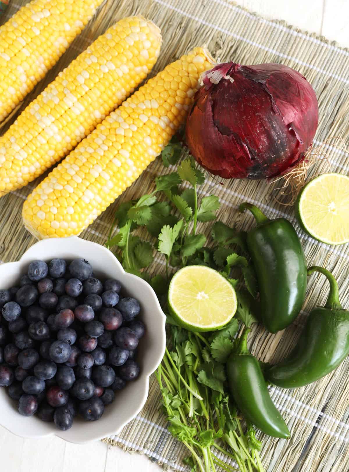 Overhead view of blueberry corn salsa ingredients