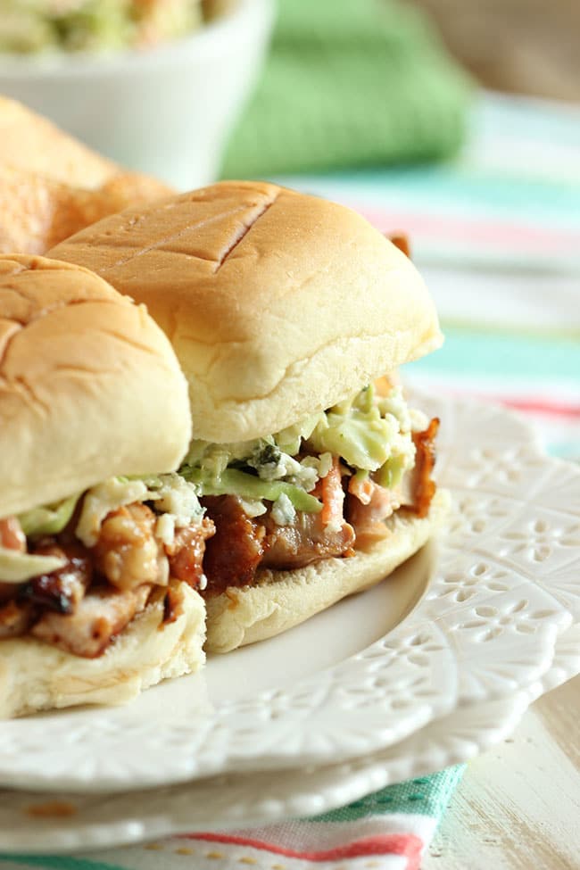 Barbecue Chicken Sliders with Broccoli Blue Cheese Slaw and Kettle Chips | The Suburban Soapbox #grilling #barbecue #potatochips