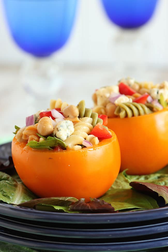 Spinach Blue Cheese and Chickpea Pasta Salad Stuffed Tomatoes | The Suburban Soapbox  #RonzoniSummer #pmedia #ad