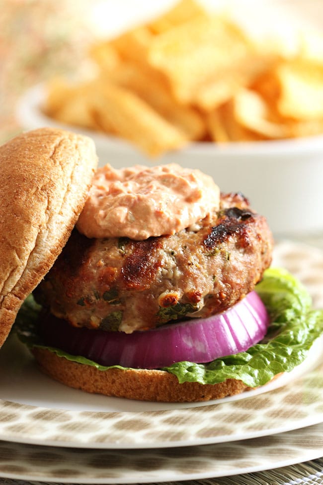 Spinach and Feta Burger with Sun-Dried Tomato Tzatziki | The Suburban Soapbox #grilling #turkeyburger
