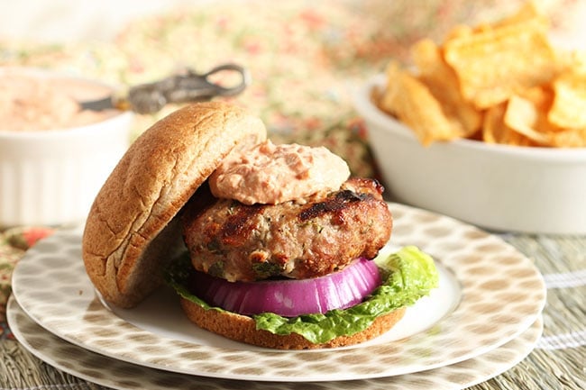 Spinach And Feta Turkey Burgers With Sun Dried Tomato Tzatziki Sauce