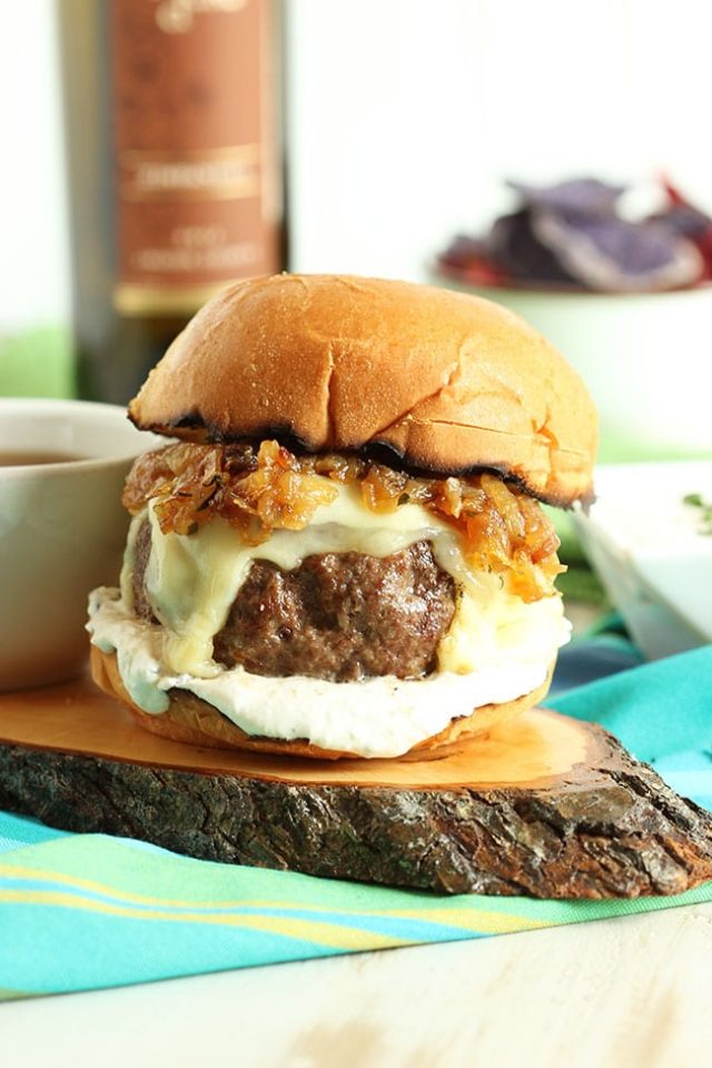 French Dip Burger with Havarti, Swiss and Bourbon Fried Onions The