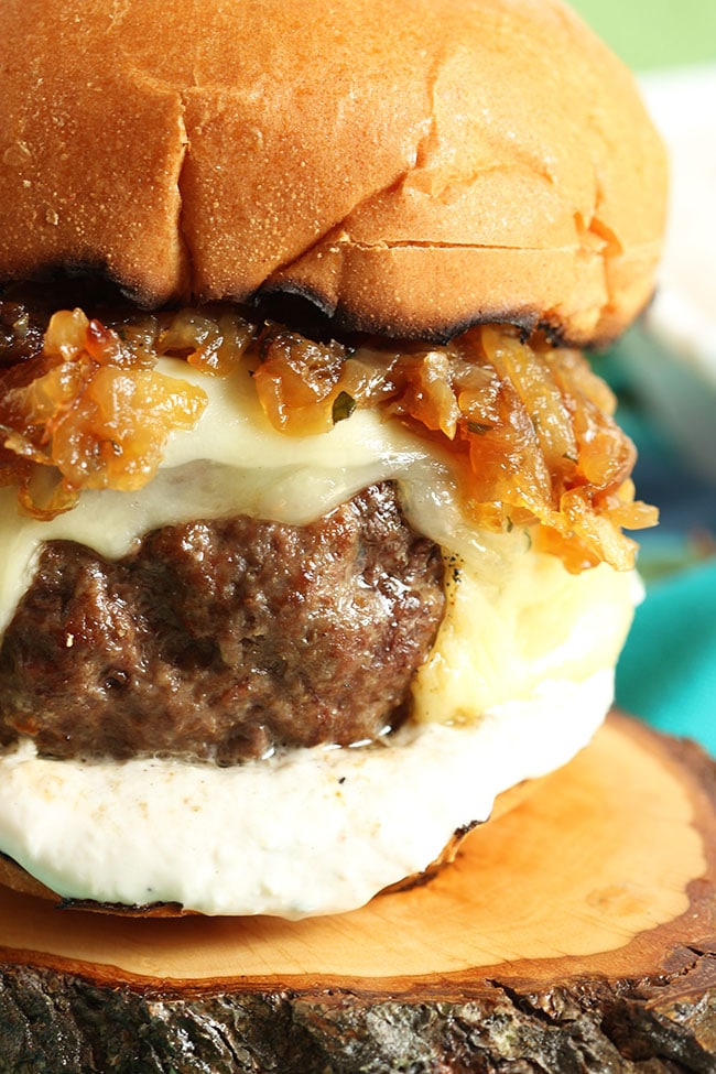 French Dip Burger with Havarti, Swiss and Bourbon Fried Onions | The Suburban Soapbox #burger