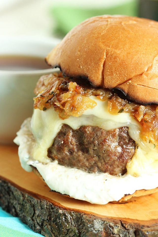 French Dip Burger with Havarti, Swiss and Bourbon Fried Onions The