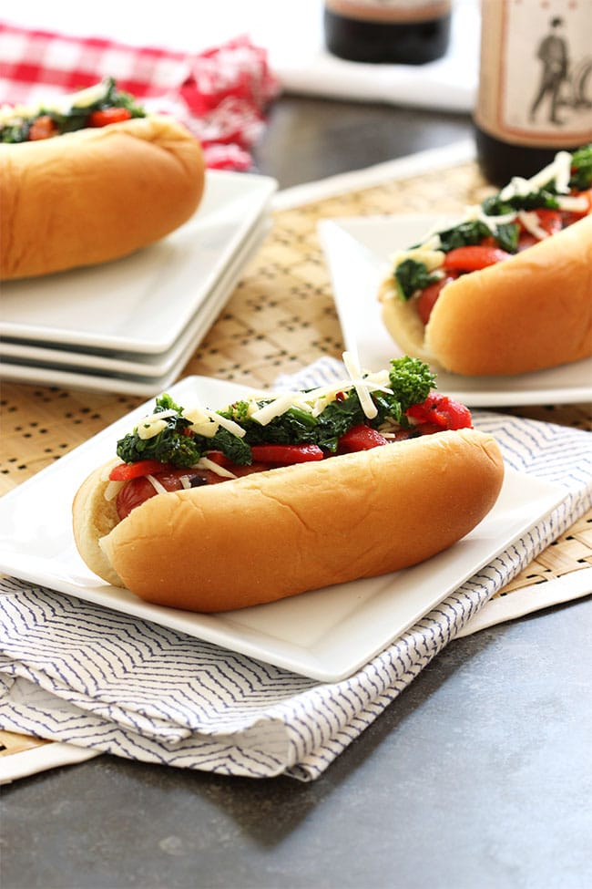 Italian Style Hot Dogs with Broccoli Rabe, Provolone and Roasted Red Peppers | The Suburban Soapbox #greatergrilling #hebrewnational #ad