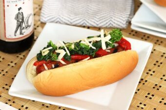 Italian Style Hot Dogs with Broccoli Rabe, Provolone and Roasted Red Peppers