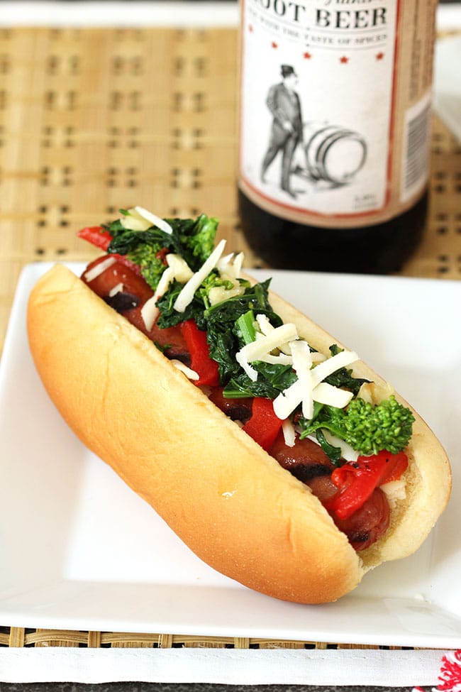 Italian Style Hot Dogs with Broccoli Rabe, Provolone and Roasted Red Peppers | The Suburban Soapbox #greatergrilling #hebrewnational #ad