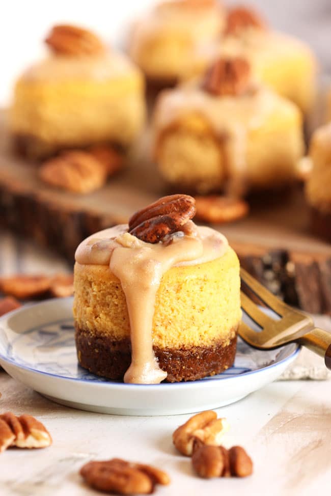 Mini Pumpkin Cheesecake with Bourbon and Pecan Praline topping on a blue and white dish.