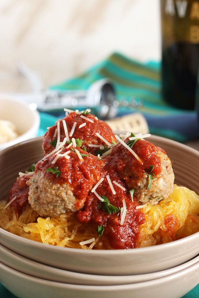 Slow Cooker Spaghetti Squash with Meatballs and Marinara | The Suburban Soapbox #slowcooker #spaghettisquash