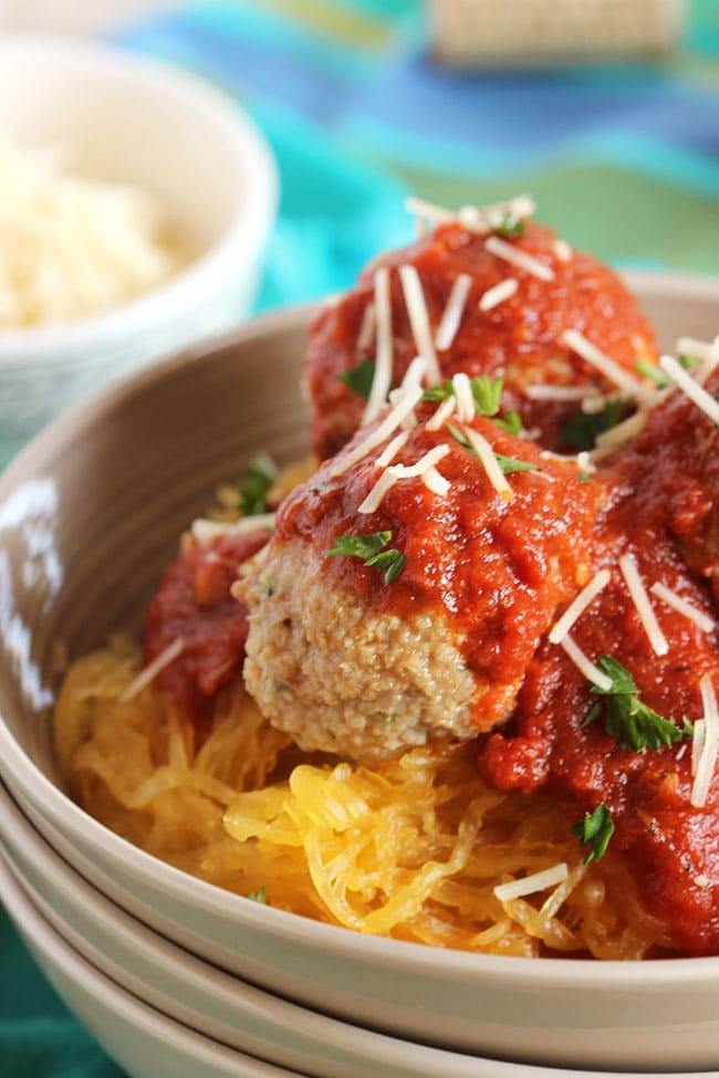 Slow Cooker Spaghetti Squash with Meatballs and Marinara | The Suburban Soapbox #slowcooker #spaghettisquash