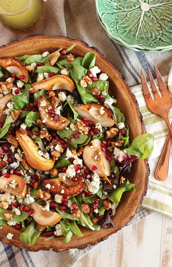 Bourbon Roasted Pear Salad with Gorgonzola and Candied Walnuts | The Suburban Soapbox 