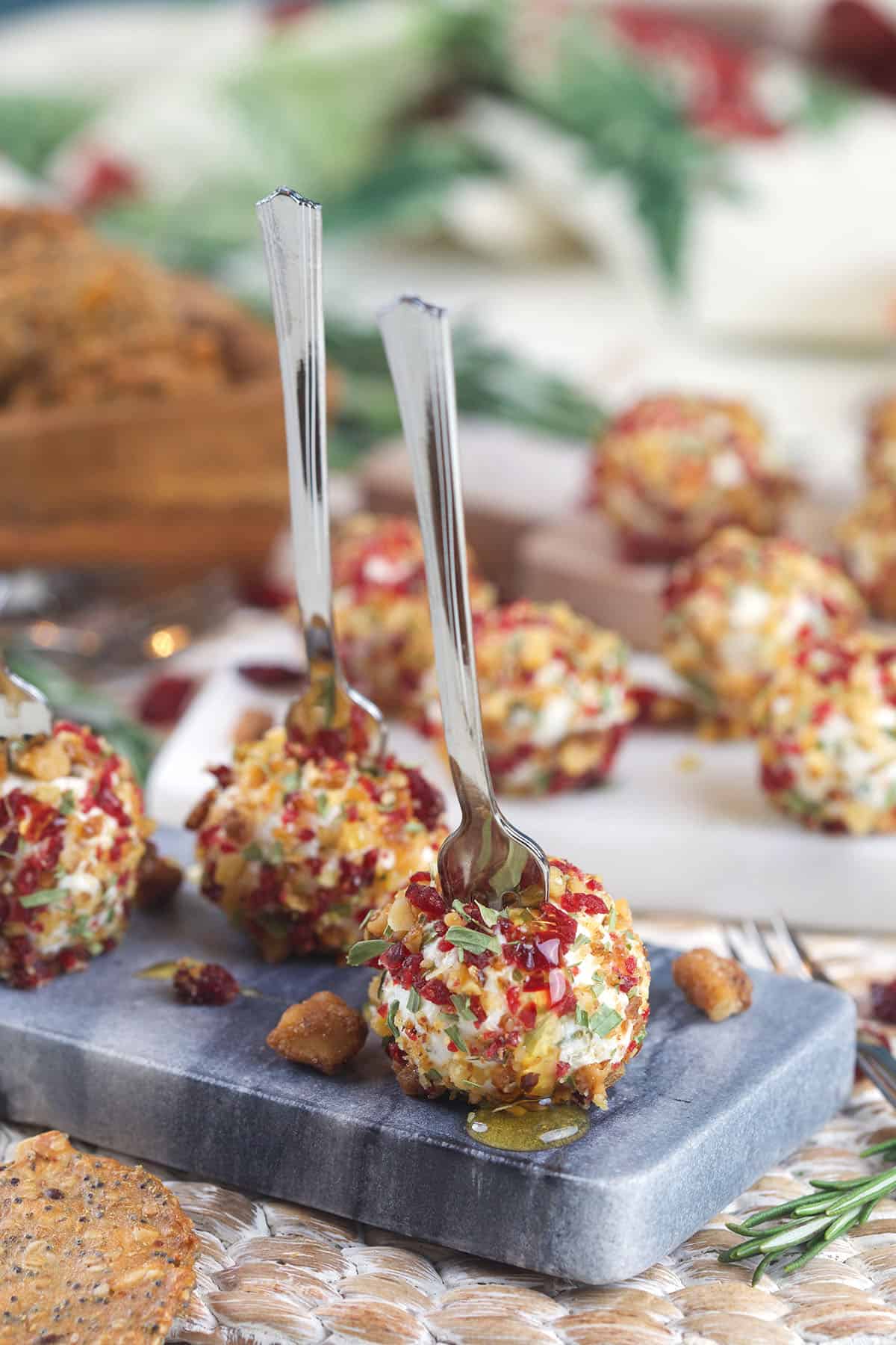 Goat cheese balls speared with appetizer forks