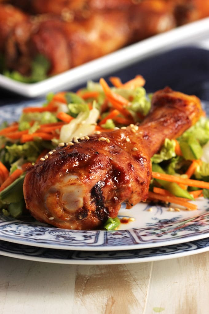 Asian Glazed Chicken Legs with Snow Pea and Carrot Slaw | TheSuburbanSoapbox.com #sweetnewyear