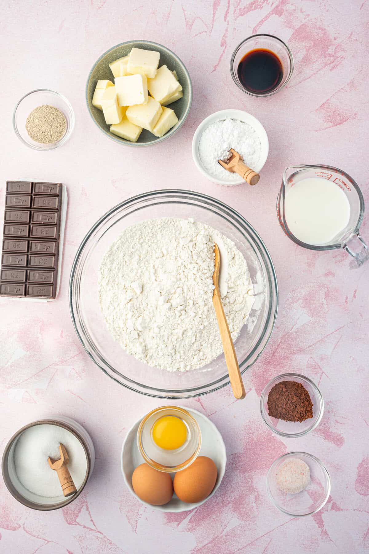 Overhead view of ingredients for chocolate babka