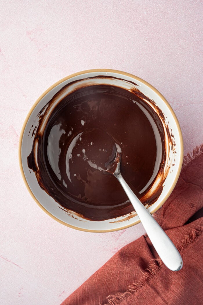 Overhead view of chocolate babka filling in bowl