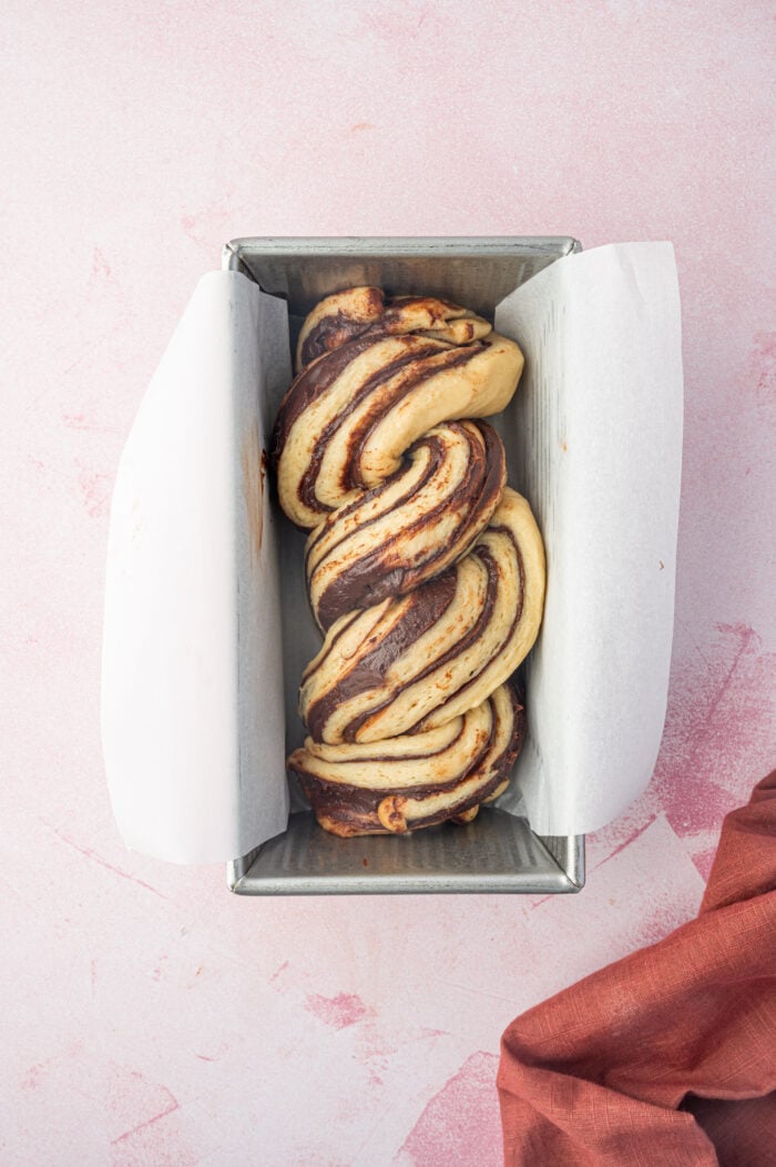 Overhead view of chocolate babka before second rise