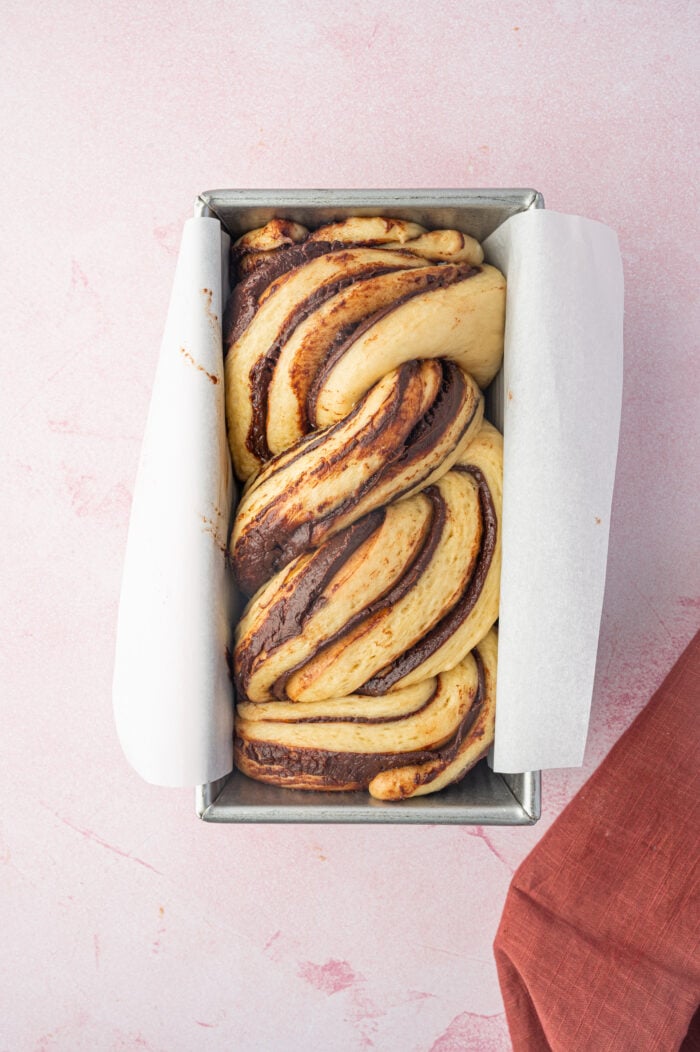 Overhead view of unbaked chocolate babka