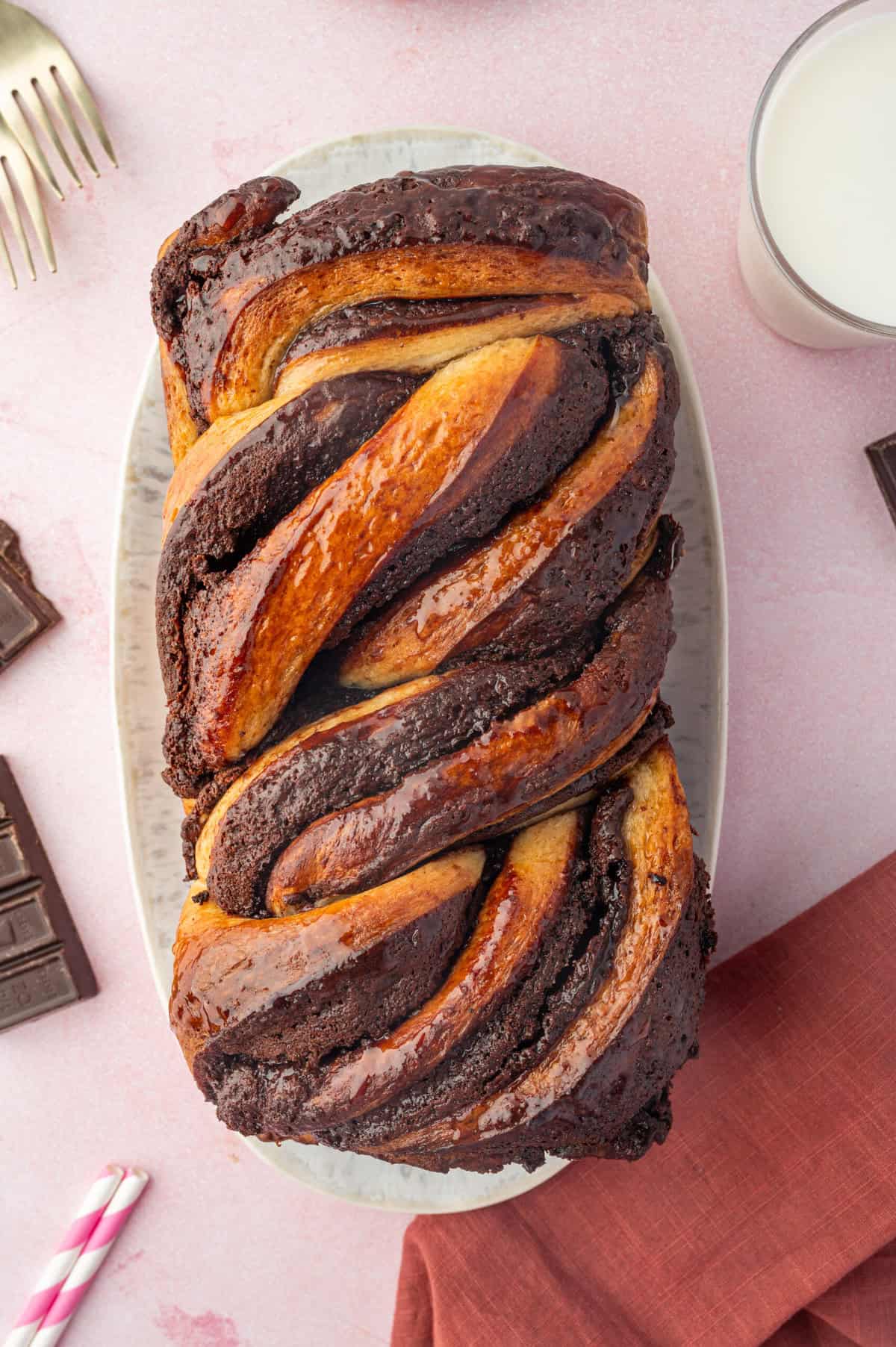 Overhead view of chocolate babka